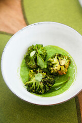 Roasted broccoli with pea puree