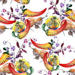 Watercolor seamless pattern with flowers and pumpkin, pepper on white background.