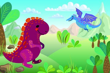 Children's illustration of Dinosaurs. Jurassic Period. A cheerful cute red-colored Tyrannosaurus rex and a lilac Pterodactyl. Ancient world, mountains, palm trees, ferns, grass. Blue sky with clouds.