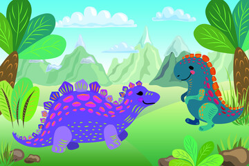 Children's illustration of Dinosaurs. Jurassic Period. A cheerful cute blue-colored Tyrannosaurus rex and a lilac stegosaurus. Ancient world, mountains, palm trees, ferns, grass. Blue sky with clouds.