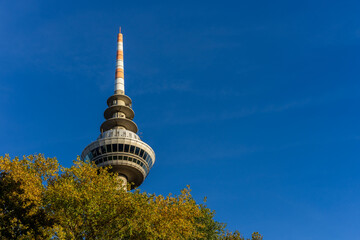 TV tower. Communication tower named 'Fernmelturm' against a blue sky in Mannheim