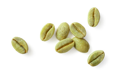 Dried green coffee beans isolated on white background, top view
