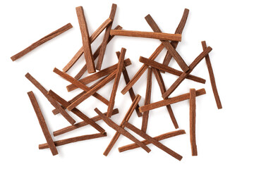 Sandalwood sticks isolated on white background, top view