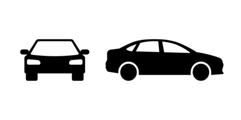 Car black silhouette front and side view icon set. Vector isolated automobile eps symbol