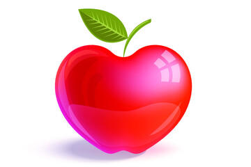 Apple vector illustration. Red shining glossy apple with reflections. Red apple with green leaf illustration