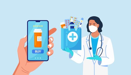 Fototapeta na wymiar Pharmacist in disposable gloves with paper bag with medicines, drugs and pill bottles inside. Online Home delivery pharmacy service on phone screen. Doctor in white coat, facial mask with stethoscope.
