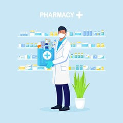 Pharmacist holds paper bag with medicines, drugs and pill bottles inside in hands. Online Home delivery pharmacy service. Doctor in white coat with stethoscope. Vector design
