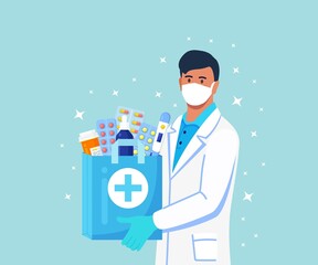 Pharmacist holds paper bag with medicines, drugs and pill bottles inside in hands. Online Home delivery pharmacy service. Doctor in white coat with stethoscope. Vector design