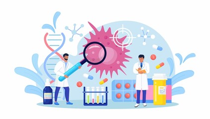 Tiny Oncologist doctors diagnose cancer disease. Oncology examination, checkup and internal biopsy screening for patient diagnostics. Chemotherapy, biopsy, therapy, tumor removal. Vector design