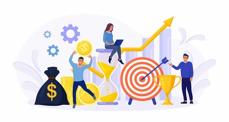 Financial Forecast. Tiny Economics Persons, Freelancer, Employee or Manager Making Investing Plans. Money Growth Prediction and Progress Report.  Return on Investment. Income Growth, Profit Earnings. 