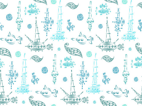 Abstract seamless pattern consisting of stylized images of fantastic invented airships and boats with waves and clouds. Fantasy on the theme of steampunk.
