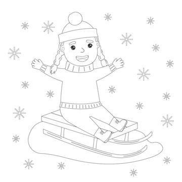 A girl rides a sleigh in winter. Coloring book for kids. Vector illustration.