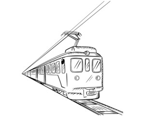 A train car, metro trams with a black outline. Wagon logo. Vector illustration