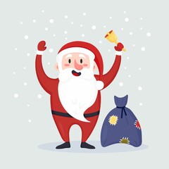 Santa Claus ringing a bell and sack with gifts, presents. Snow falling in the background. Merry Christmas and happy new year. Vector design