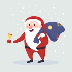 Santa Claus ringing a bell, sack with gifts, presents on back, snow falling in the background. Merry Christmas and happy new year. Vector design