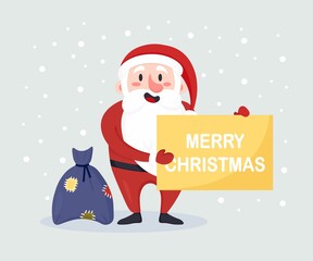 Happy smiling Santa Claus standing with big signboard. Christmas Santa with gift bag full of gift boxes and present, candy cane. Winter Holiday greeting card. Merry Christmas and Happy New Year.