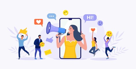 Beautiful woman shouting in megaphone and young people, followers surrounding her with social media icons. Influencer or blogger on phone screen. Internet marketing, social network promotion, SMM.