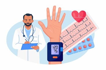 Hypertension or hypotension disease. Cardiologist measuring patients high blood pressure by sphygmomanometer. Doctor writing results of cardiology checkup, medical exam of cardiovascular system - obrazy, fototapety, plakaty