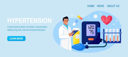 Hypotension or hypertension disease. Doctor writing results of cardiology checkup, sphygmomanometer, blood test tubes on background. Cardiologist measuring patients blood pressure, pulse Vector design