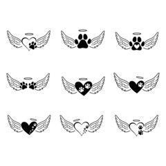 Hearts with the paws of dogs and cats. Paw with wings. Love dogs. Animal love symbol paw print with heart. Cat and Dog Memorial. - obrazy, fototapety, plakaty