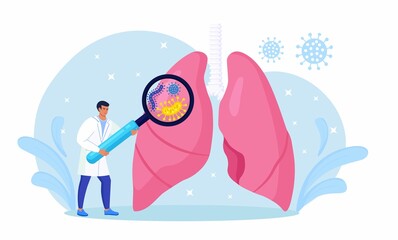 Pulmonology. Tiny doctor examining lungs with magnifier. Tuberculosis, pneumonia, lung cancer treatment or diagnostic. Internal organ inspection for respiratory system illness, disease or problems.