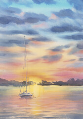 Evening mist by the lake with clouds and a ship watercolor background