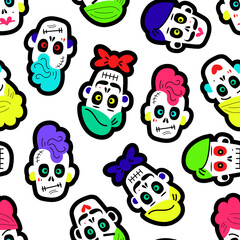 illustration of seamless pattern with various multicolored traditional Mexican calaveras or sugar skulls for Day of Dead celebration on white background