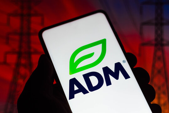October 28, 2021, Brazil. In this photo illustration the Archer Daniels Midland Company (ADM) logo seen displayed on a smartphone.