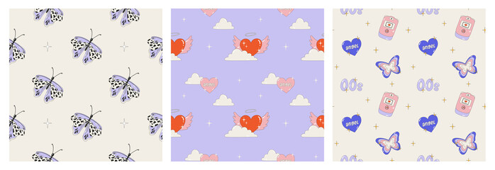 Fototapeta na wymiar Set of seamless patterns in the style of the 2000s. Posters with butterflies, hearts, wings and clouds. Bright Vector illustrations of Y2k-style patterns