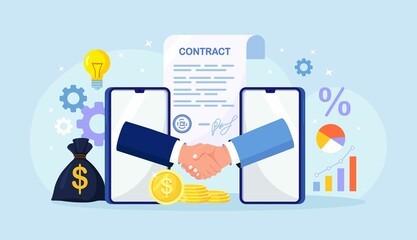 Online agreement, conclusion of the transaction. Two men talk through phone screens, shake hands. Businessman handshaking on smartphone. Business partnership. Handshake after successful negotiations. 