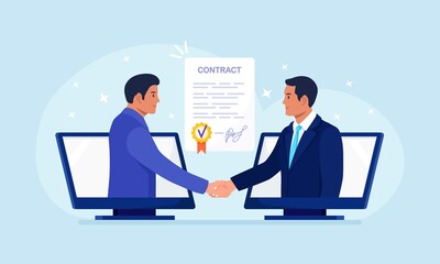 Virtual deal with distant agreement. Businessmen talk through computer and shake hands. Online communication and business meeting, video call. Remote conclusion of the transaction, signing contract.