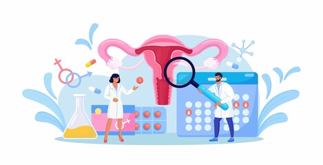 Female reproductive health. Gynecologist doctors make uterus examination, diagnosis, laboratory test screening. Gynecology disease prevention. Ovaries, womb, cervix medical treatment. Vector design