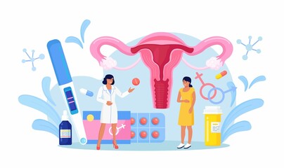 Gynecology checkup for women. Doctor gynecologist consult patient about fallopian tubes, ovary disease. Female reproductive system exam, treatment and therapy. Vector design