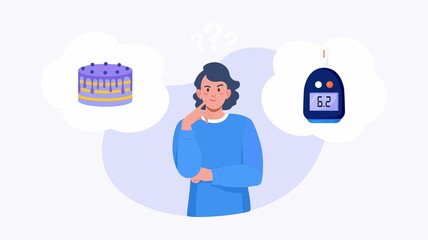 Woman choosing between cake and normal level of glucose in blood. Girl thinking about sweets and about glucometer. Choice between diabetes disease and health. Vector design