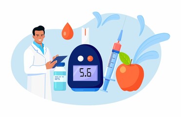 Doctor testing blood for sugar and glucose, using  glucometer for hypoglycemia or diabetes diagnosis. Physician with laboratory test equipment, syringe and vial, insulin - obrazy, fototapety, plakaty