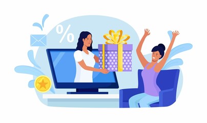 Customer getting virtual gift. Women giving present box from computer screen. Online shopping. Bonus, discount, promotion, loyalty program. Vector illustration