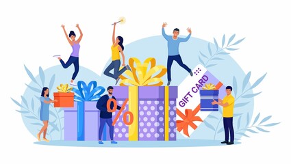 Online reward. People receive gift box. Internet retail customers with Gift card, gift voucher, discount coupon and gift certificate, digital referral program. Promotion of online store, bonus. Vector