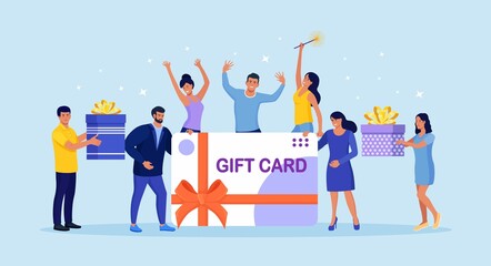 Tiny cheerful people with big gift card. Customer happy about discount card, coupon, voucher, certificate. Earn loyalty program points and get online reward and gifts or bonus. Vector design