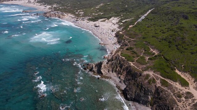 Amazing aerial view of a coastline, Rena Majore Beach, Sardinia, taken on summer day 2021 in Italy Santa Teresa Gallura.