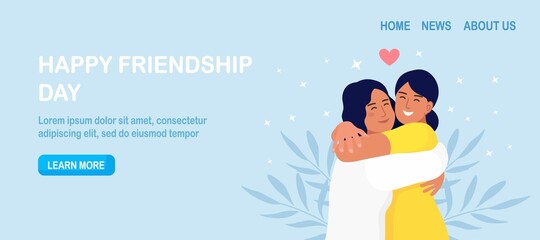 Girls hugging each other with a smiling face. Happy meeting of two friends, women. Friendship, care and love concept. Vector design