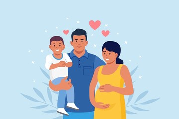 Happy big family standing together. Pregnant Mom, dad and child. Smiling relatives gathering in group. Vector illustration