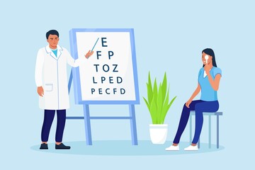 Ophthalmology diagnostics, vision correction, optometry. Ophthalmologist checking eyesight of patient. Oculist standing near eye test board and showing letter to woman. Eye clinic appointment. Vector 