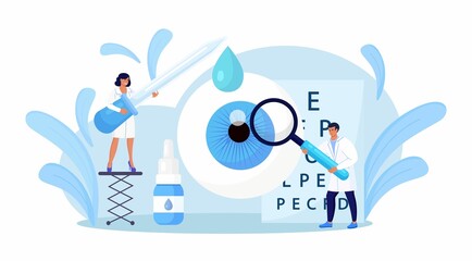 Ophthalmology concept. Ophthalmologist Doctor Checks Patient Eyesight. Optical Test for Eyes, Spectacles Technology. Good Vision and Eye Care. Ophthalmological Sight Examination and Treatment. Vector  - obrazy, fototapety, plakaty