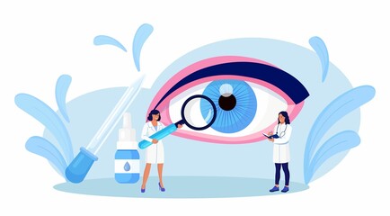 Ophthalmology. Tiny doctors treats and examines eyes, vision. Medical eyesight check up, diagnosis. Lens examination and retina correction. Vector design