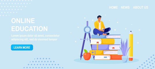 Online Education or Business Training. Pile of Books and Man Student Learning Web Courses or Tutorials by Laptop. Educational Web Seminar, Internet Classes, E-learning by Webinar. Vector design
