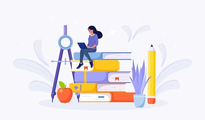 Online Education or Business Training. Pile of Books and woman Student Learning Web Courses or Tutorials by Laptop. Educational Web Seminar, Internet Classes, E-learning by Webinar. Vector design