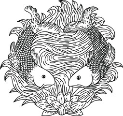 Hand drawn vector outline chinese drawing with fishes. Traditional symbol buddhism