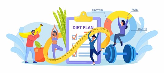 Diet plan checklist. People doing  exercise, training and planning diet with fruit and vegetable. Girl doing yoga. Nutrition weight loss diet, individual dietary. Health lifestyle, fitness. Vector