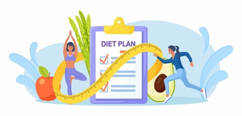 Diet plan checklist. People doing  exercise, training and planning diet with fruit and vegetable. Girl doing yoga. Nutrition weight loss diet, individual dietary. Health lifestyle, fitness. Vector