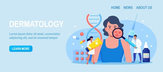 Dermatology. Woman Face with Acne Inflammation, Varicella, Allergies or Cancer. Tiny Doctors with Medical Equipment Examining Red Spots, Pimples. Dermatologist Diagnosis Skin Disease. Vector design